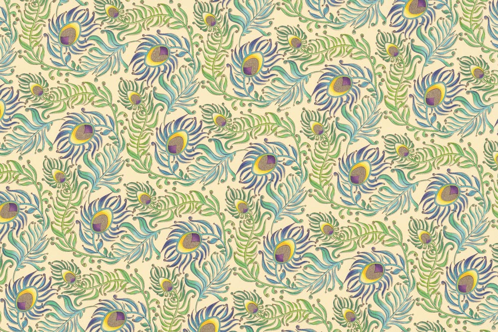 Pfauenfedern-Geschenkpapier-mit-Goldfarbendruck Pfauenfedern - Geschenkpapier mit goldfarbenem Druck